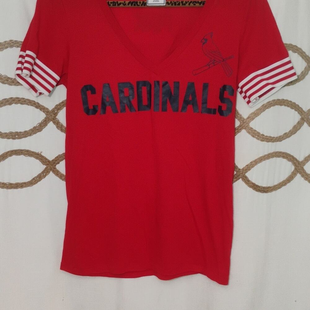 PINK Victoria's Secret Cardinals Red V-Neck Knit T-Shirt Striped Logo Size L